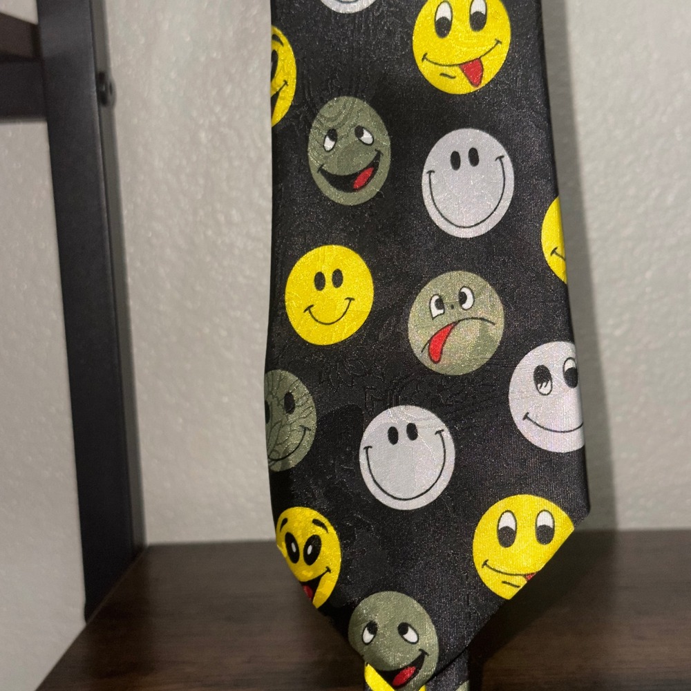 Dino Romano Handmade Smiley Face Emoji Silk Necktie Black Yellow Novelty Tie